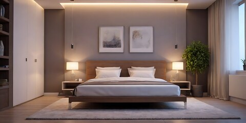 Elegant Modern Bedroom Interior with Neutral Tones and Artistic Wall Decor - Perfect for Home Design Inspiration