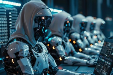 Fototapeta premium Robots working at futuristic computers in a high-tech control room with vibrant neon displays and intricate data visuals during a late-night session