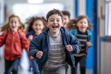 Children joyfully running down a brightly lit hallway in a school during the afternoon, filled with laughter and energy