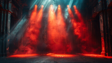 Dramatic lighting and fog effects illuminate an ancient, abandoned temple interior at twilight