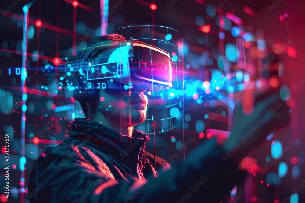 Leinwandbilder a person is immersed in a vibrant virtual reality experience, showcasing advanced technology and dig
