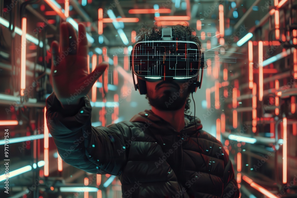 Leinwandbilder a person is immersed in a vibrant virtual reality experience, showcasing advanced technology and dig