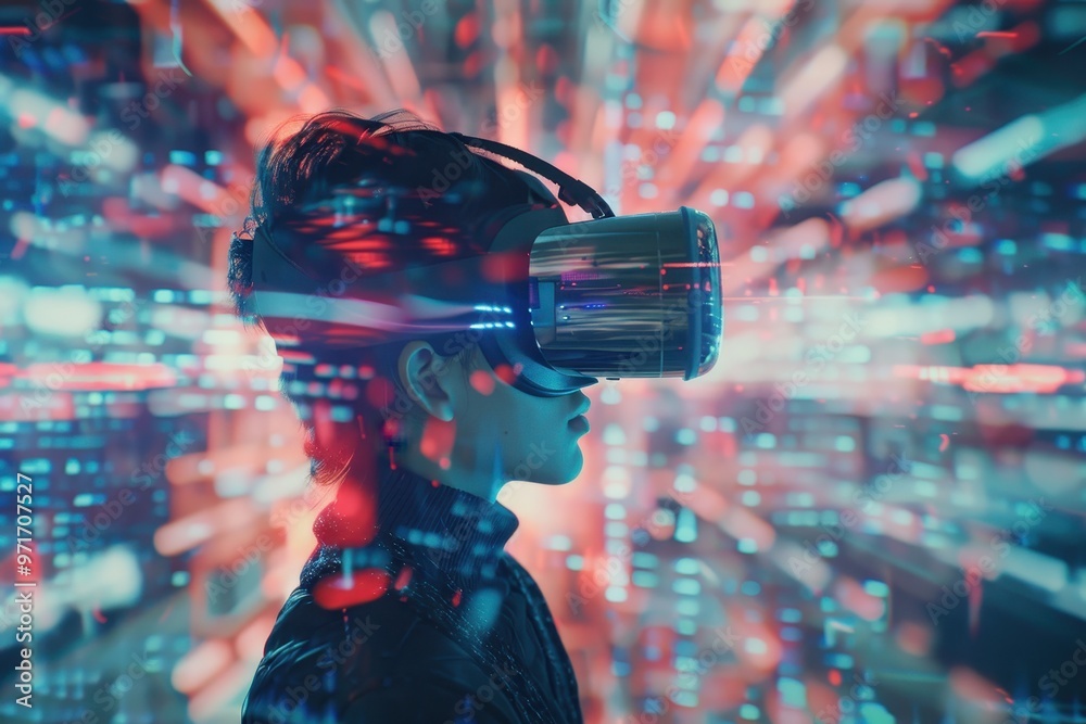 Fototapete a person is immersed in a vibrant virtual reality experience, showcasing advanced technology and dig