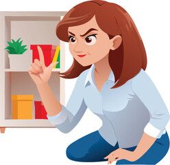 Woman scolding pointing her finger at object on shelf