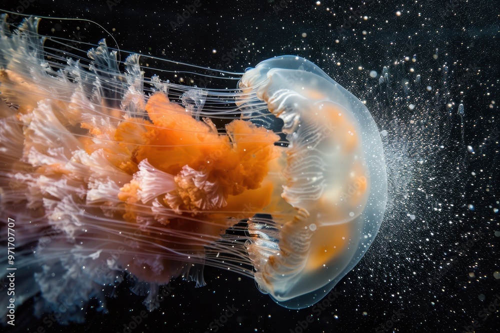 Poster a stunning jellyfish gracefully swims through dark waters, showcasing its vibrant colors and flowing