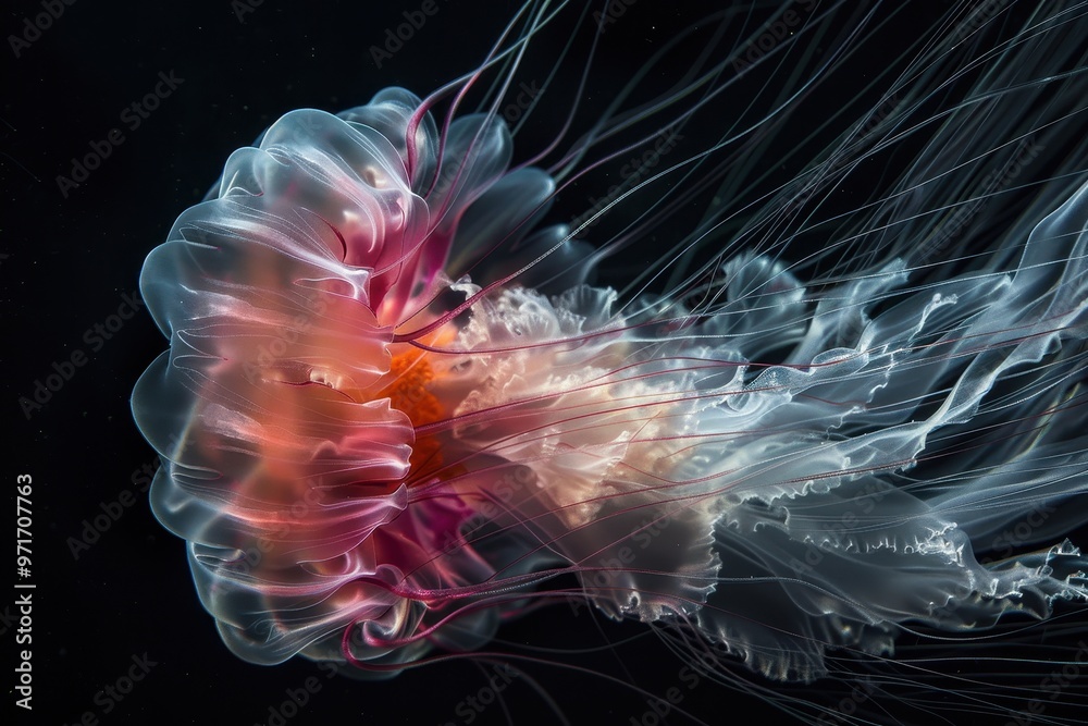 Poster a stunning jellyfish gracefully swims through dark waters, showcasing its vibrant colors and flowing