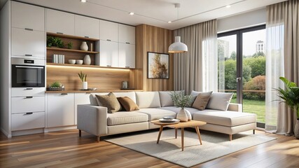 Fototapeta premium Domestic and cozy interior of living room with sofa, plants, shelf, coffee table, boucle rug, mock up poster frame, side table, plant and elegant decoration Beige wall. Home decor. Template
