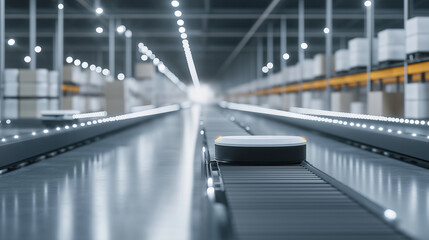Obraz premium Rows of automated robots picking and placing products onto conveyor belts in a sleek, modern warehouse, highlighting the efficiency of smart warehousing.