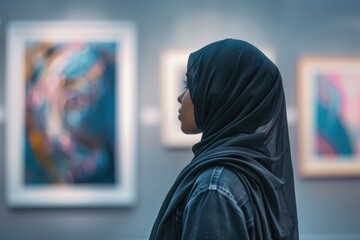 A woman wearing a gray hijab admires contemporary art in a modern gallery during a serene afternoon, marveling at the intricate expressions captured on canvas
