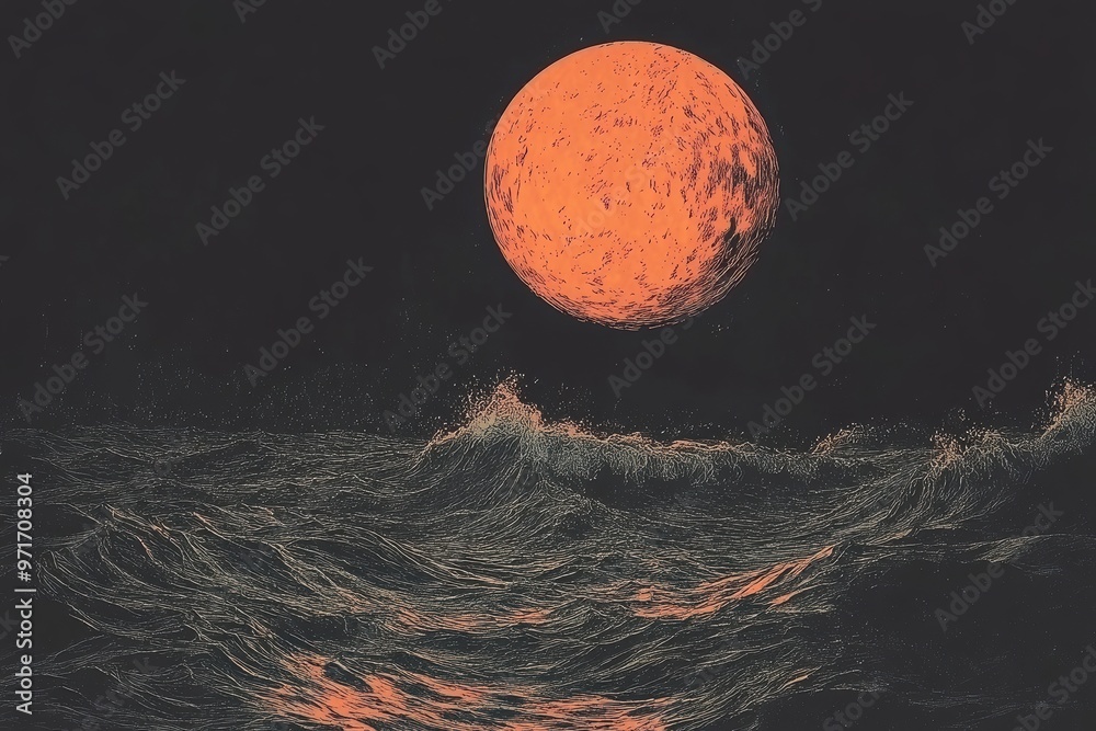 Wall mural Surreal Sea and Orange Moon Landscape