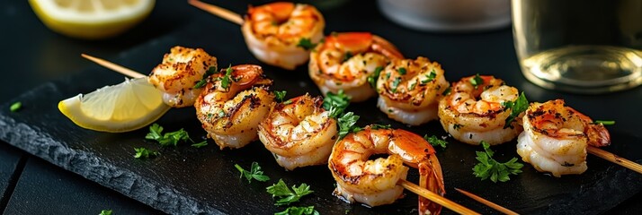 grilled shrimp skewers, delicious seafood, garnished with herbs, lemon wedge, dark background, close-up photography, high resolution, mouth-watering, gourmet food, appetizing presentation, culinary ar