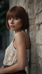 Fototapeta premium Elegant Woman in Lace Top Leaning Against Stone Wall in Outdoor Setting for Fashion Photography