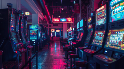 A vibrant casino hallway features neon slot machines and a checkered floor, creating an energetic atmosphere in the evening.