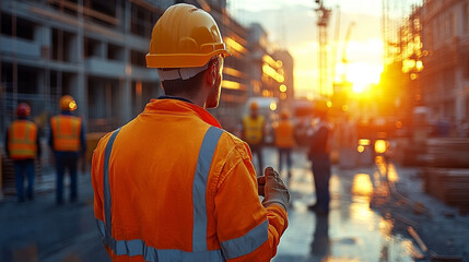 construction worker is shown putting on protective gloves, highlighting safety and preparedness on a construction site. The image emphasizes the importance of personal protective equipment