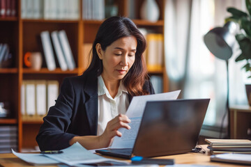 Fototapeta premium Busy 40 years old business woman working in office checking documents. Mid aged businesswoman accounting manager executive or lawyer using laptop reading paper file financial report, tax invoice