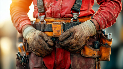 construction worker is shown putting on protective gloves, highlighting safety and preparedness on a construction site. The image emphasizes the importance of personal protective equipment