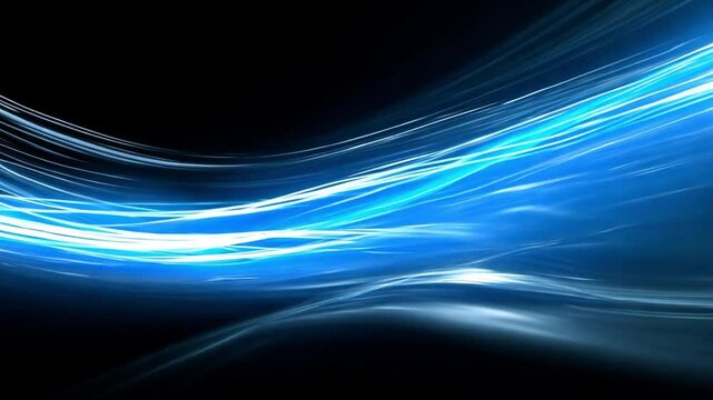Bright blue and silver waves of light create a mesmerizing effect against a deep black backdrop