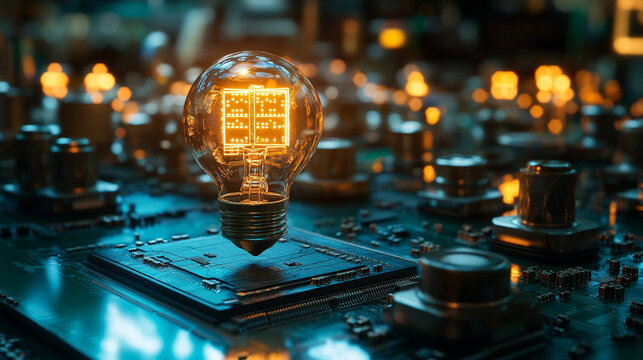 glowing light bulb with a circuit board inside, symbolizing the fusion of technology and innovation. The vibrant light highlights the integration of electronics in modern ideas
