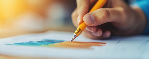 hand holding a pen, analyzing colorful charts on paper. Ideal for business, finance, and planning themes.