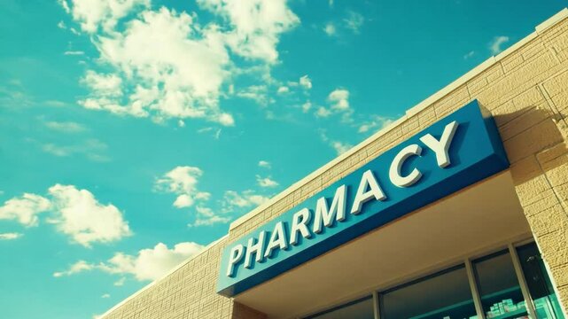A pharmacy storefront displays a large sign against a bright sky, providing essential healthcare services to the community