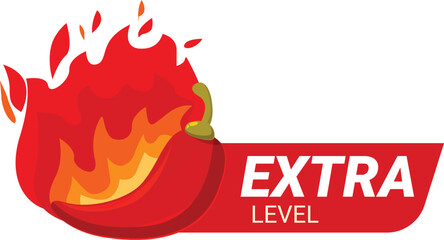 Cartoon red hot chili pepper is burning with extra level flames, perfect for representing spicy food