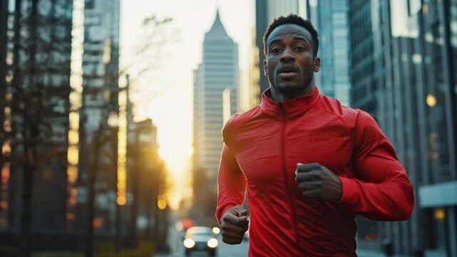 A black man wearing a red jacket runs energetically along a city street as the sun sets behind the tall buildings, creating a vibrant atmosphere