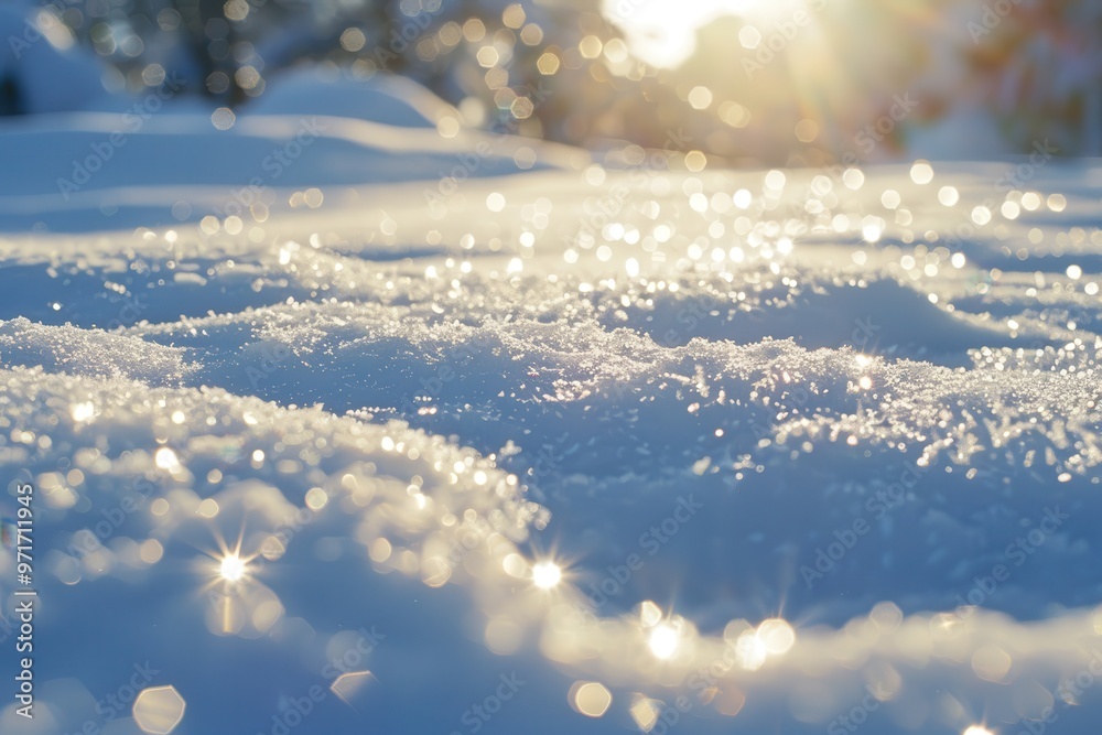 Poster a close-up view of glistening snowflakes on a tranquil winter morning with sunlight shimmering throu