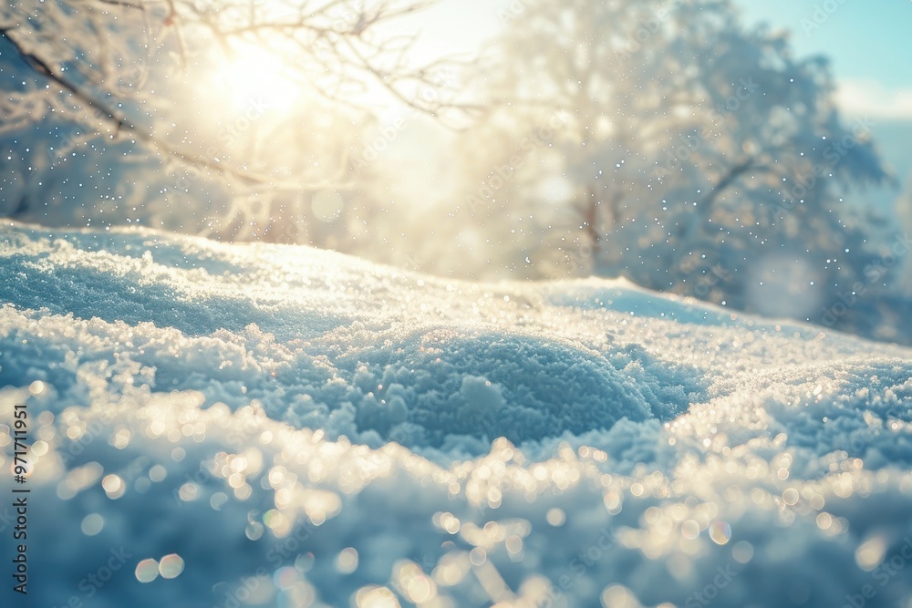 Poster a close-up view of glistening snowflakes on a tranquil winter morning with sunlight shimmering throu