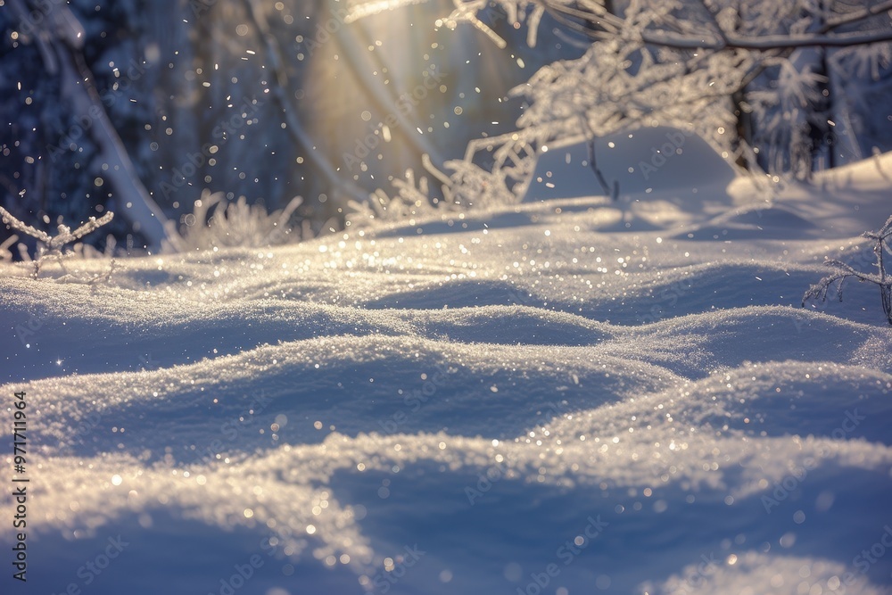 Poster a close-up view of glistening snowflakes on a tranquil winter morning with sunlight shimmering throu