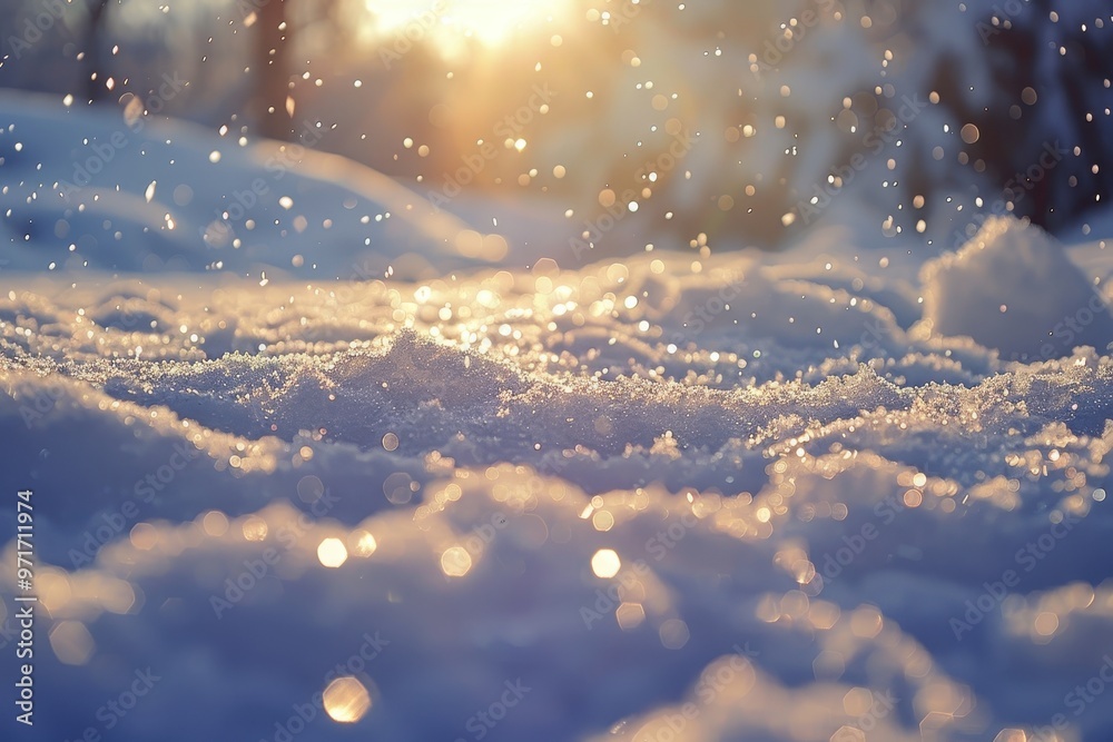 Poster a close-up view of glistening snowflakes on a tranquil winter morning with sunlight shimmering throu