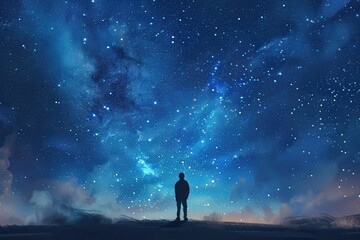 A lone figure gazes up at the vast expanse of a star-filled night sky, marveling at the beauty of the universe above a tranquil landscape
