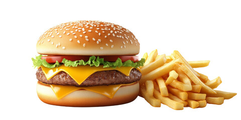 Cheeseburger and fries mouthwatering and delicious clipart icon isolated on transparent and white background. Simple clean menu design art.