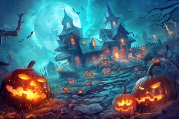 A spooky Halloween night with a haunted mansion illuminated by glowing pumpkins under a full moon in a dark sky filled with bats