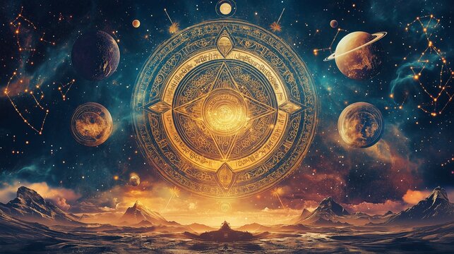 Celestial landscape featuring a large astrological wheel amid planets and stars at dusk