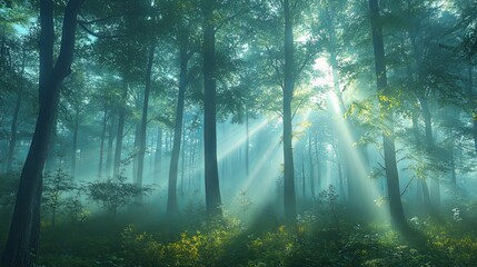 Fototapeta premium Sunrays in a Misty Forest