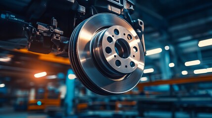 Fototapeta premium Closeup of a cars disc brake during maintenance service in a garage emphasizing the concept of car parts and brake repairs Includes copy space for additional information