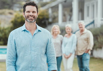 Happy man, confident and portrait at backyard with family to relax in outdoor garden together. Face, insurance and proud husband by house for real estate property with people or children in Australia