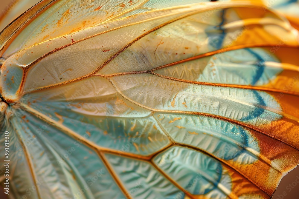 Poster Close-up view of a vibrant butterfly wing displaying intricate textures and colors, highlighting nature's artistry during a sunny afternoon in a garden