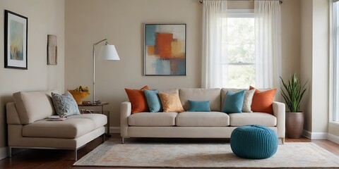 Naklejka premium Spacious and Inviting Living Room with Neutral Couch and Colorful Pillows, Natural Light Streaming In