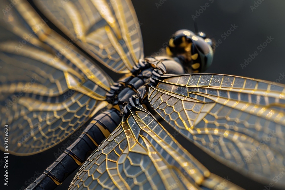 Poster a close-up of a dragonfly showcasing its intricate, iridescent wings while perched on a slender stal