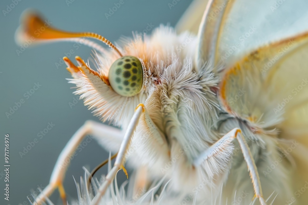 Poster a close-up view of a butterfly revealing intricate details of its fuzzy body and vibrant eye pattern