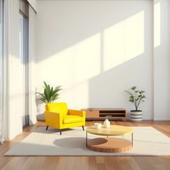 Fototapeta premium Interior of modern living room with yellow armchair and coffee tables 3d rendering