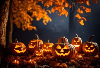 spooky halloween display featuring carved pumpkins intricate designs surrounded glowing candles mysterious atmosphere, carving, light, decoration, autumn