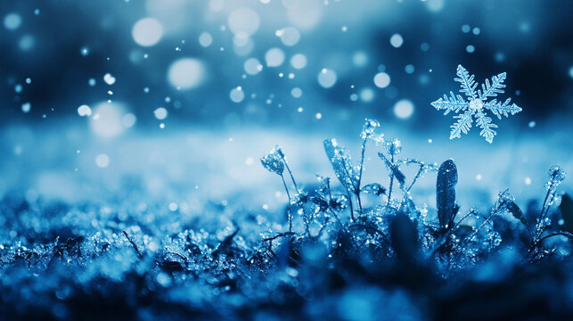 Snowflake Ice Crystals Falling on Frozen Ground and Plants, Cold Winter Night Background
