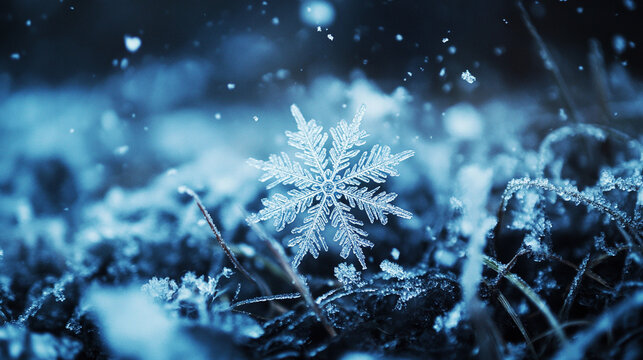 Snowflake Ice Crystals Falling on Frozen Ground and Plants, Cold Winter Night Background