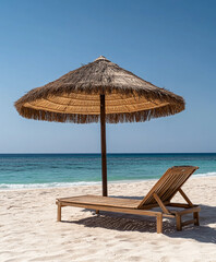 wooden sun lounger on a luxury resort's private beach, under a large thatched umbrella, bright midday sun