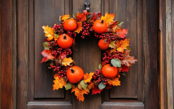 Autumn wreath adorned with pumpkins, berries, and leaves welcoming guests to a cozy front door