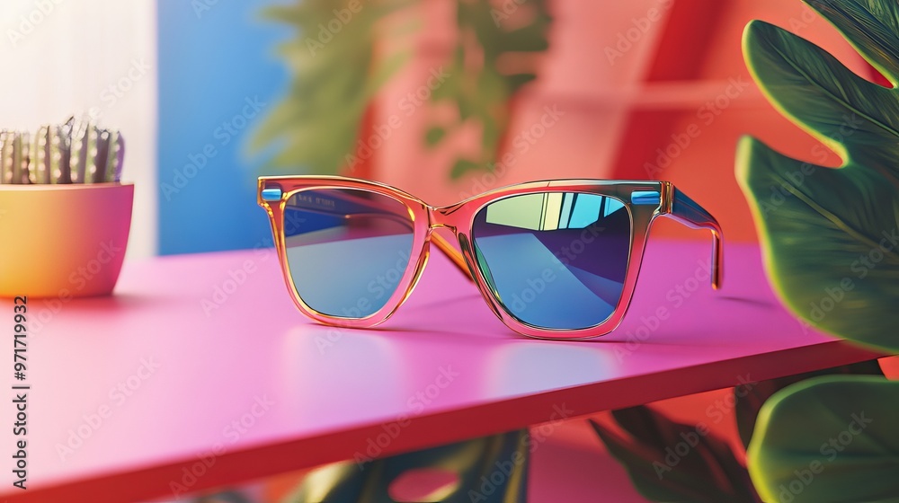 Wall mural an engaging scene of trendy wayfarer sunglasses with a bold, geometric frame and reflective lenses. 