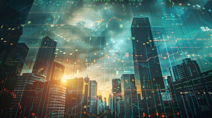 Obraz premium A vibrant city skyline at sunset with digital overlays representing growth and technology in urban development