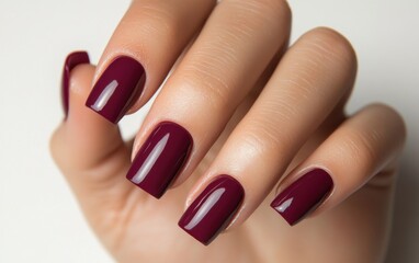Elegant fall manicure featuring deep berry tones with a glossy finish showcasing nails in plum hues against a neutral backdrop